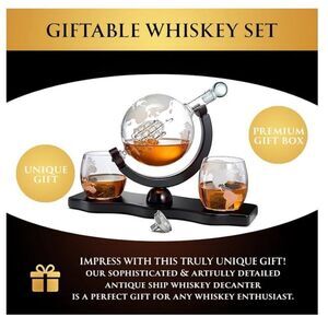 The Wine Savant Whiskey Decanter Globe Set with 2 Etched Whiskey Glasses